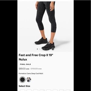 Lululemon fast and free crop 19” size 10 camo